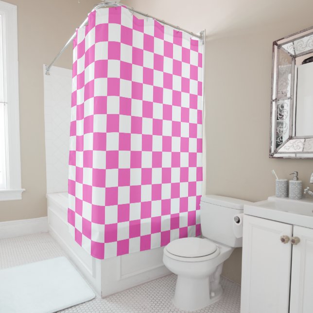 Classic visual pink checkerboard  shower curtain (In Situ)