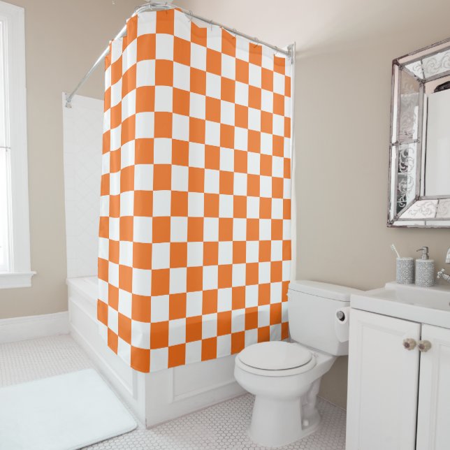 Classic visual salmon checkerboard  shower curtain (In Situ)