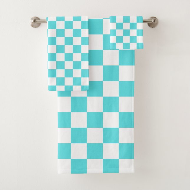 Classic visual turquoise blue checkerboard  bath towel set (Insitu)