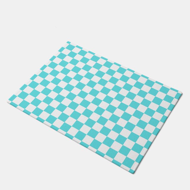 Classic visual turquoise blue checkerboard  doormat (Angled)