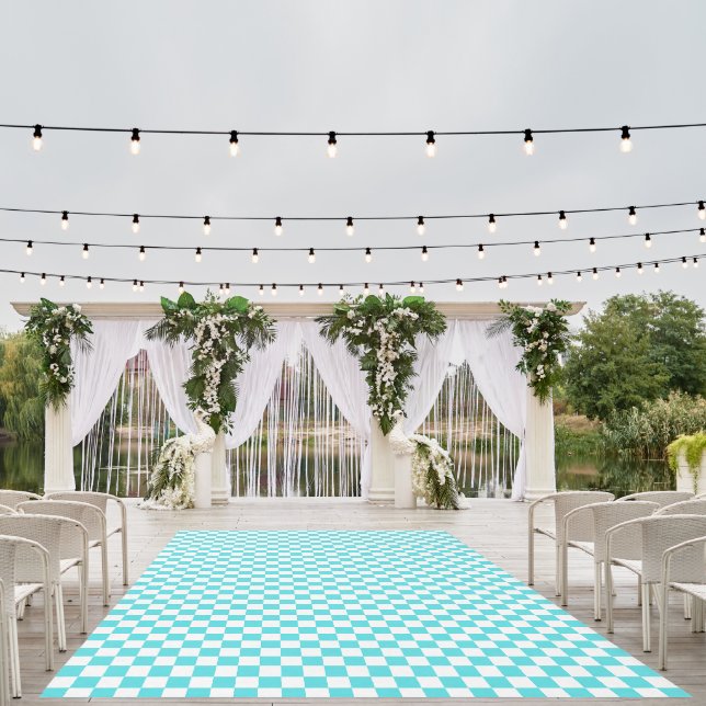 Classic visual turquoise blue checkerboard  outdoor rug (Insitu (Wedding 1))