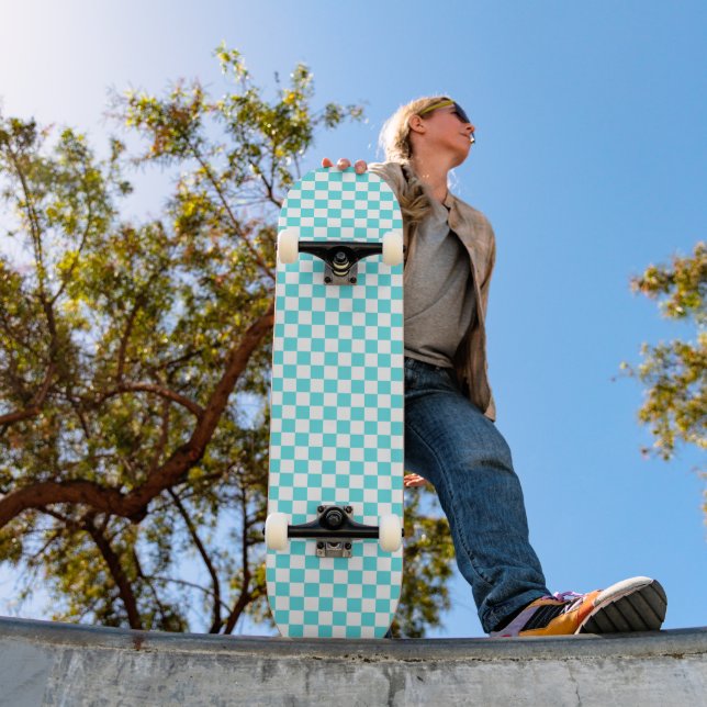 Classic visual turquoise blue checkerboard  skateboard (Outdoor 1)