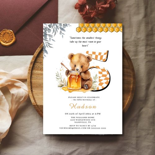 Classic Watercolor Bear Honey fifth birthday Invitation