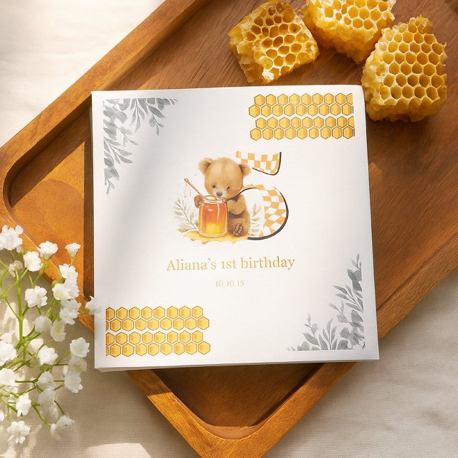 Classic Watercolor Bear Honey Fifth birthday Napkins (Creator Uploaded)