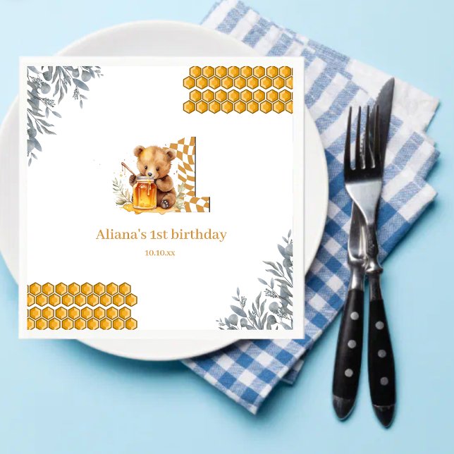 Classic Watercolor Bear Honey First birthday Napkins (Creator Uploaded)