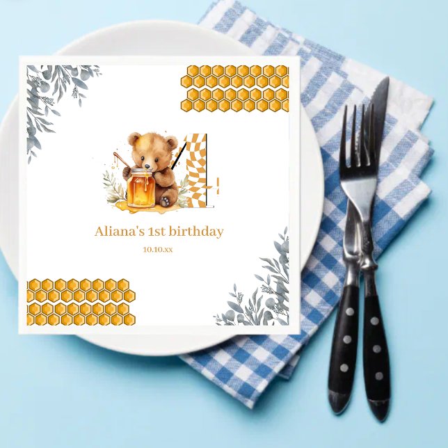 Classic Watercolor Bear Honey fourth birthday Napkins (Creator Uploaded)