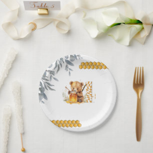 Classic Watercolor Bear Honey fourth birthday  Paper Plates