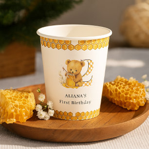 Classic Watercolor Bear Honey Second birthday Paper Cups
