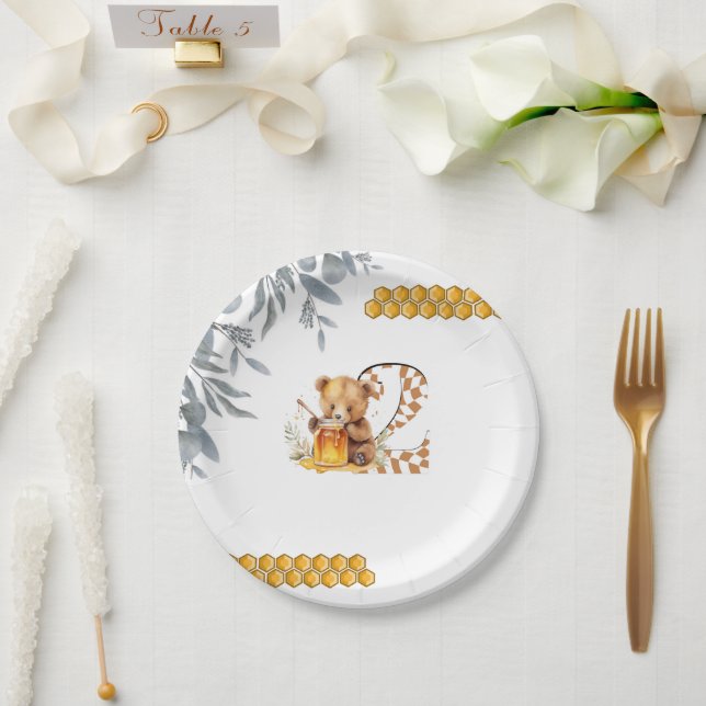 Classic Watercolor Bear Honey Second birthday  Paper Plates (Wedding)