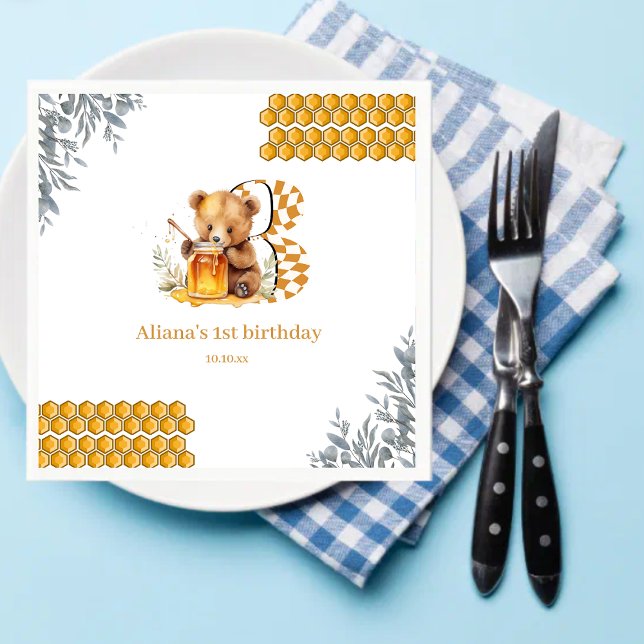 Classic Watercolor Bear Honey third birthday Napkins (Creator Uploaded)