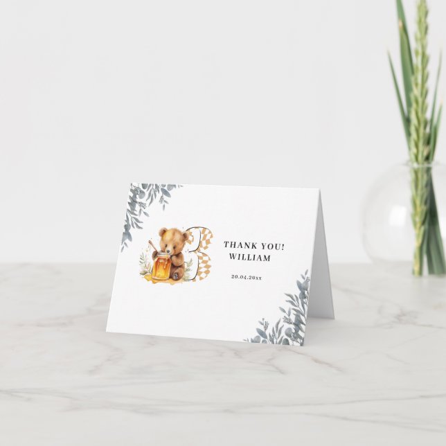 Classic Watercolor Bear Honey third birthday  Thank You Card (Front)