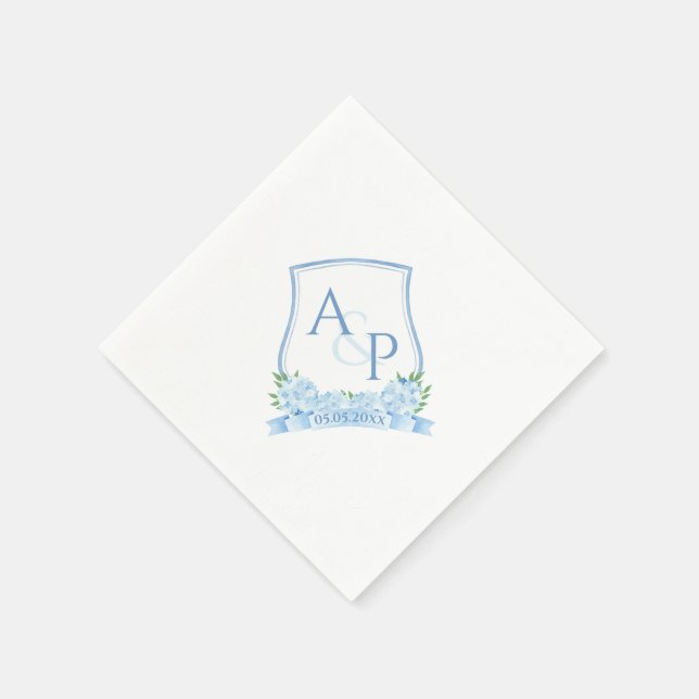 Classic Watercolor Blue Hydrangea Wedding Crest Napkins (Corner)