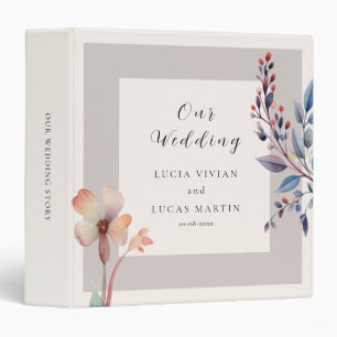 Classic Watercolor Blue Leaves Minimalist Wedding 3 Ring Binder