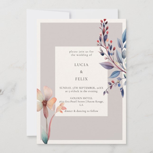 Classic Watercolor Blue Leaves Minimalist Wedding Invitation (Front)
