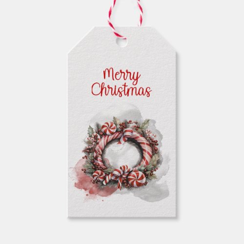 Classic Watercolor Candy Cane Christmas Wreath Gift Tags