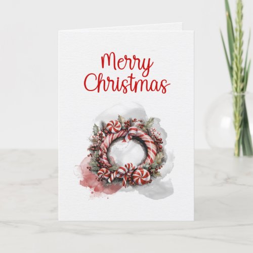 Classic Watercolor Candy Cane Christmas Wreath Holiday Card