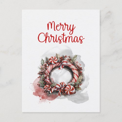 Classic Watercolor Candy Cane Christmas Wreath Holiday Postcard