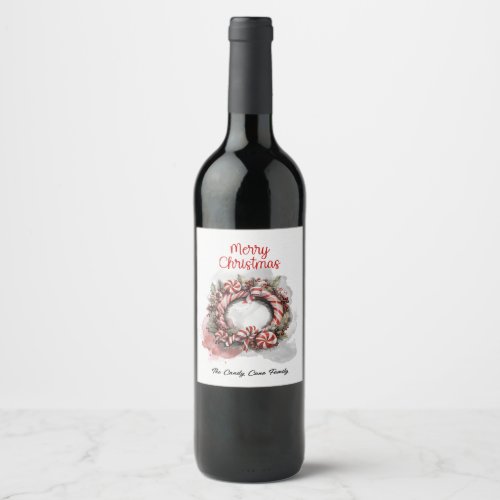 Classic Watercolor Candy Cane Christmas Wreath Wine Label