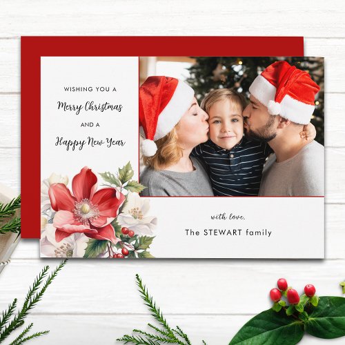 Classic Watercolor Christmas Floral Photo Holiday Card