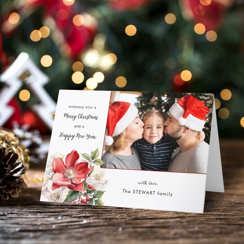 Classic Watercolor Christmas Floral Photo Holiday Card