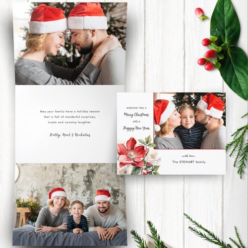 Classic Watercolor Christmas Floral Photo Tri_Fold Holiday Card