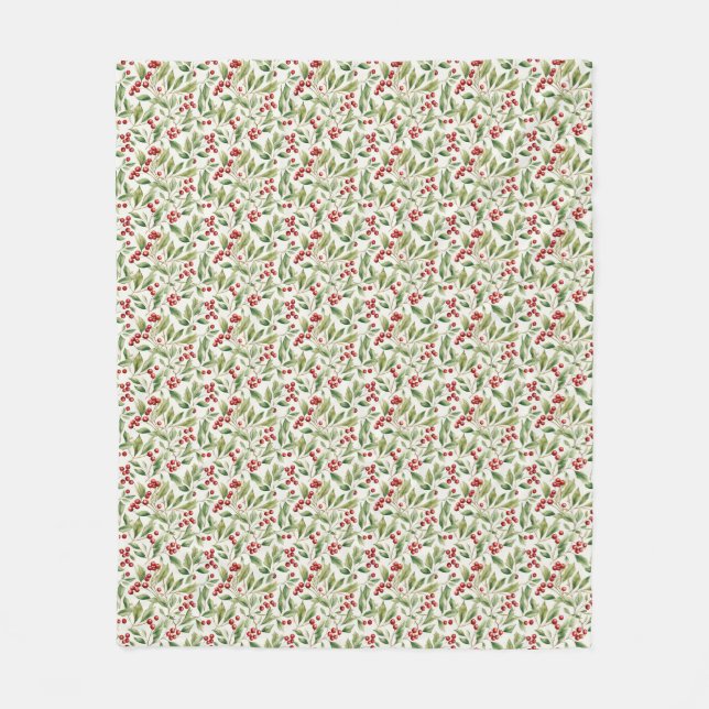 Classic watercolor Christmas greenery holly berry Fleece Blanket (Front)