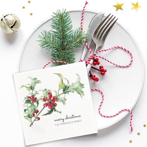 Classic Watercolor Christmas Holly Berries Name Napkins