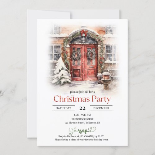 Classic watercolor Christmas red door with snow Invitation