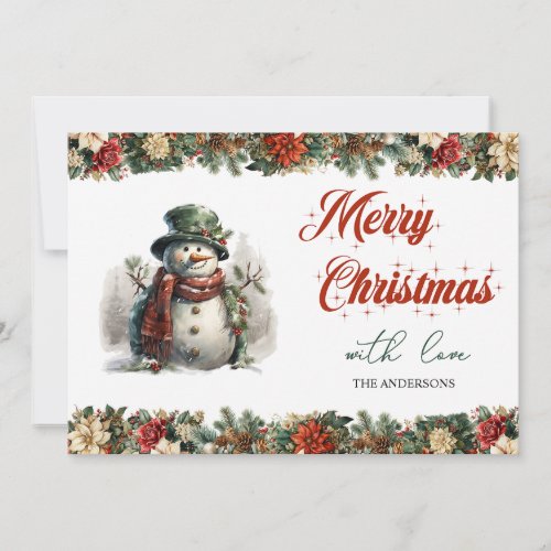 Classic watercolor cute snowman and holly berry holiday card