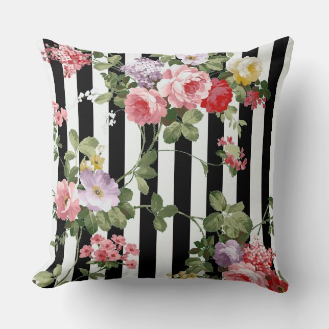 Classic Watercolor Floral Black Stripe Throw Pillow (Front)
