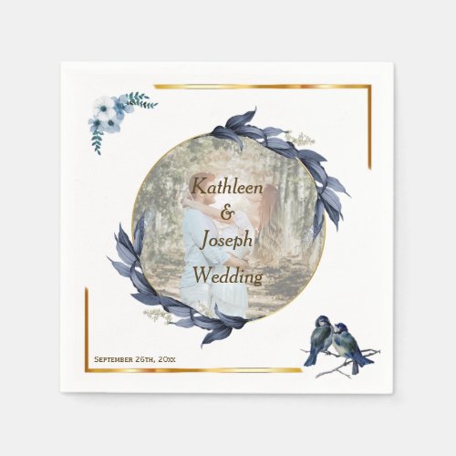 Classic Watercolor floral Blue Birds photo Wedding Napkins