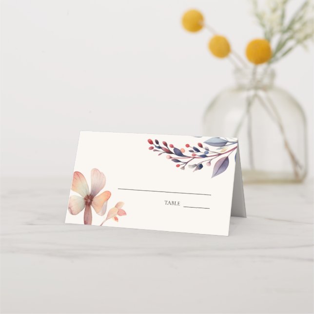 Classic Watercolor Floral Leaves Wedding Place Card (Front)