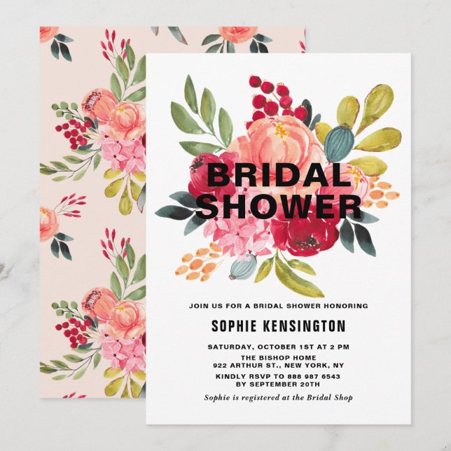 Classic Watercolor Flowers Bridal Shower Invite (Front/Back)