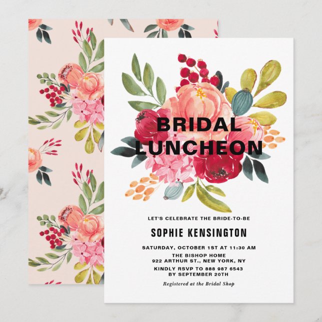 Classic Watercolor Flowers Fall Bridal Luncheon Invitation (Front/Back)