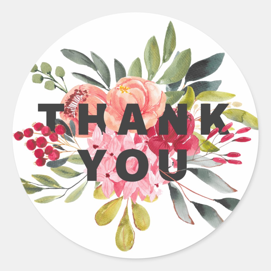 Classic Watercolor Flowers Floral Thank You Classic Round Sticker | Zazzle