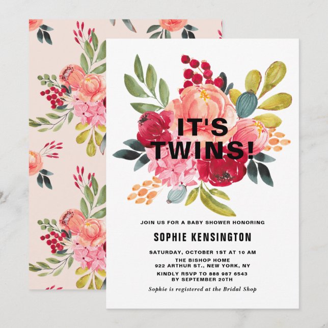 Classic Watercolor Flowers Twins Baby Shower Invitation (Front/Back)