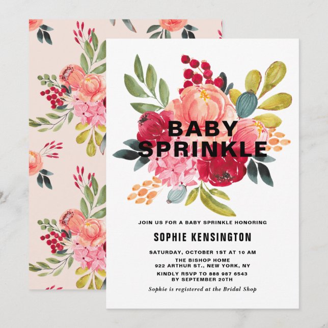 Classic Watercolor Flowers Twins Baby Sprinkle Invitation (Front/Back)