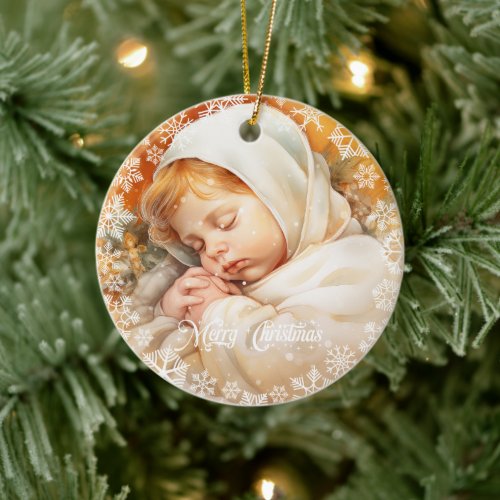 Classic watercolor gold baby Jesus sleeping Ceramic Ornament