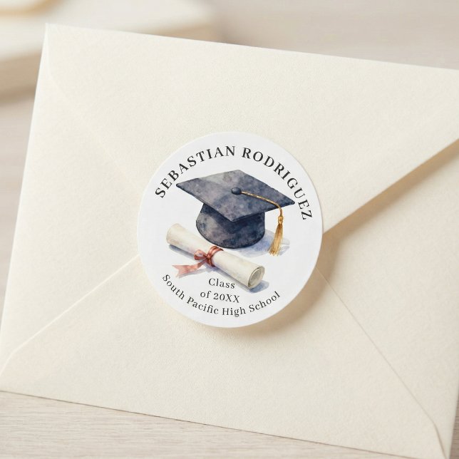 Classic Watercolor Graduation Cap Diploma Round Sticker (Creator Uploaded)