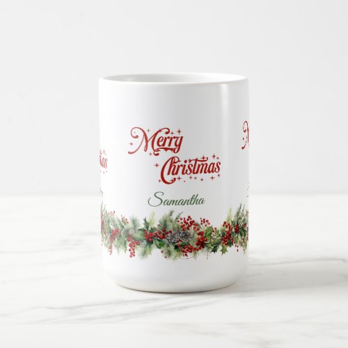 Classic watercolor green wreath red holly berry coffee mug