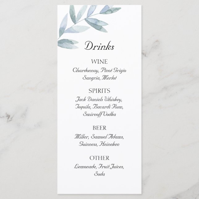 Classic watercolor leaves. Simple wedding Bar Menu (Front)