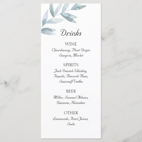 Classic watercolor leaves Simple wedding Bar Menu