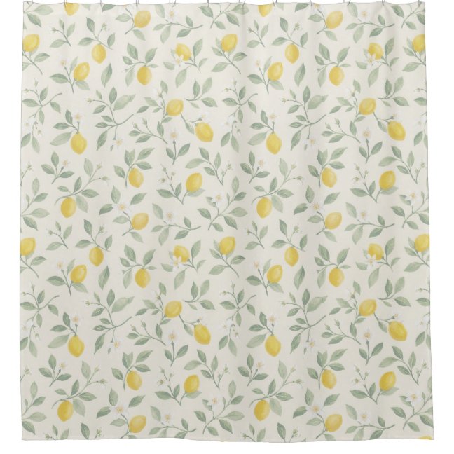 Classic Watercolor Lemon Pattern with Olive Leaves Shower Curtain