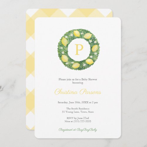 Classic Watercolor Lemon Wreath Yellow Baby Shower Invitation