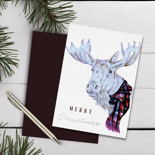 Classic Watercolor Moose Merry Christmas Foil Holiday Card