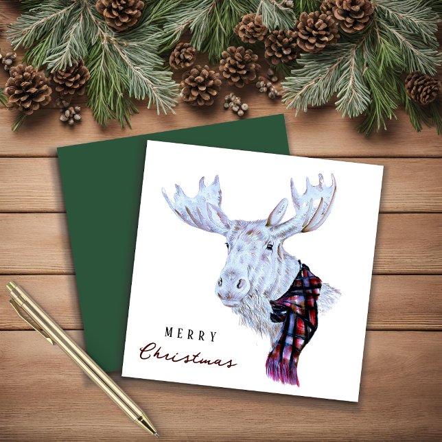 Classic Watercolor Moose Merry Christmas Holiday Card (Creator Uploaded)