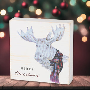 Classic Watercolor Moose Merry Christmas Wooden Box Sign