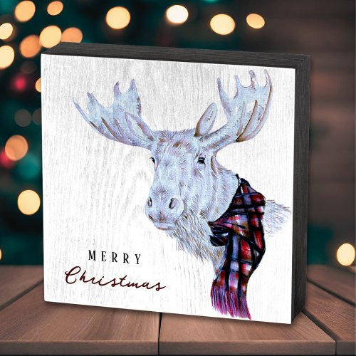 Classic Watercolor Moose Merry Christmas Wooden Box Sign