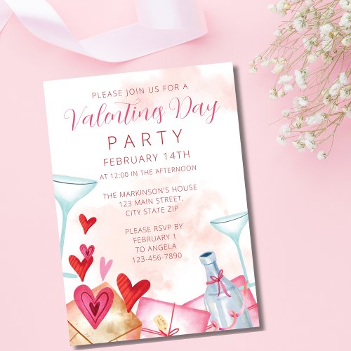 Classic Watercolor Pink Valentines Day Party Invitation