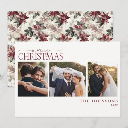 Classic Watercolor Poinsettia Christmas Photo Holiday Card